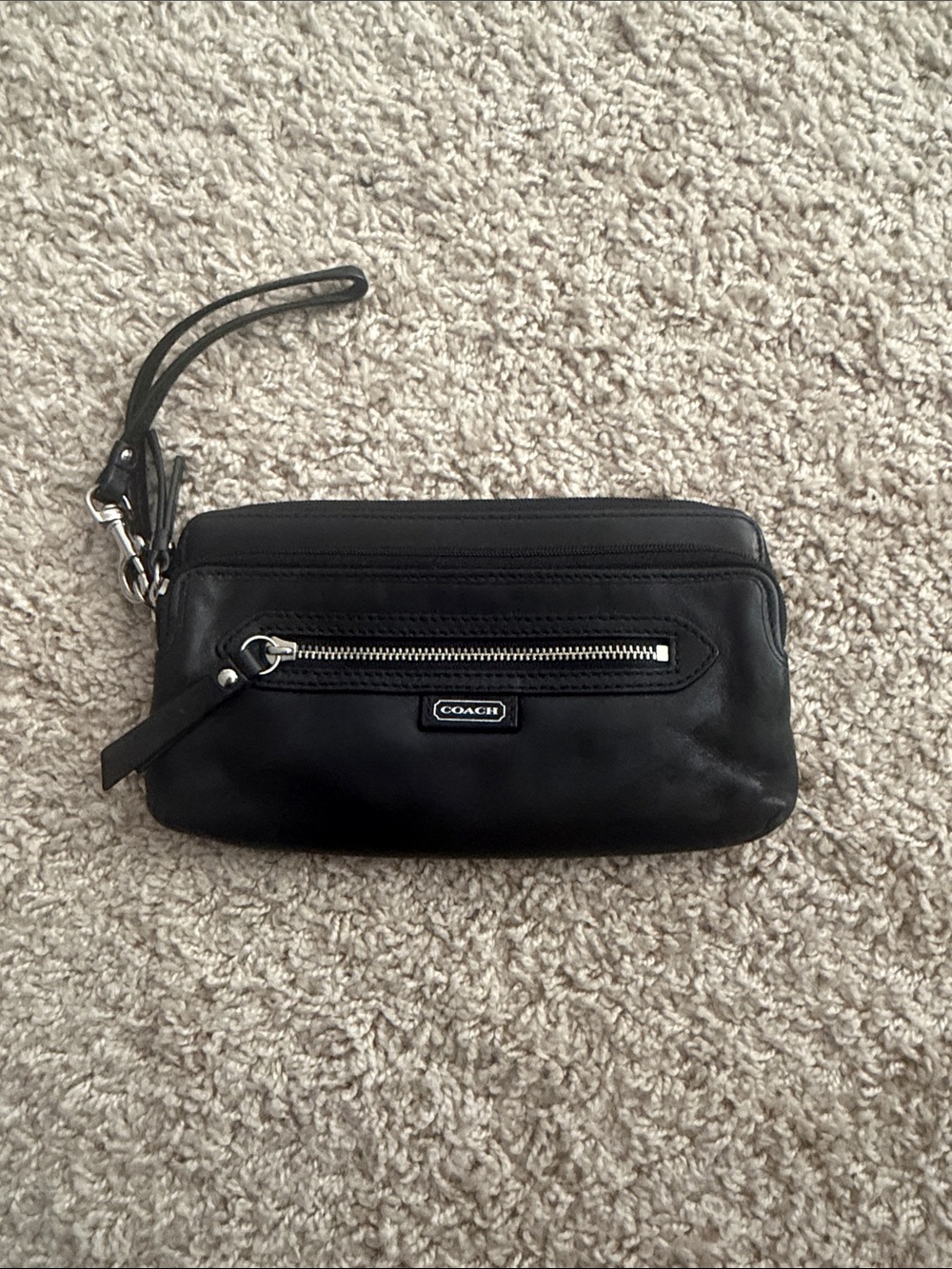 Coach Black Leather Wristlet with Front Zip Pocket